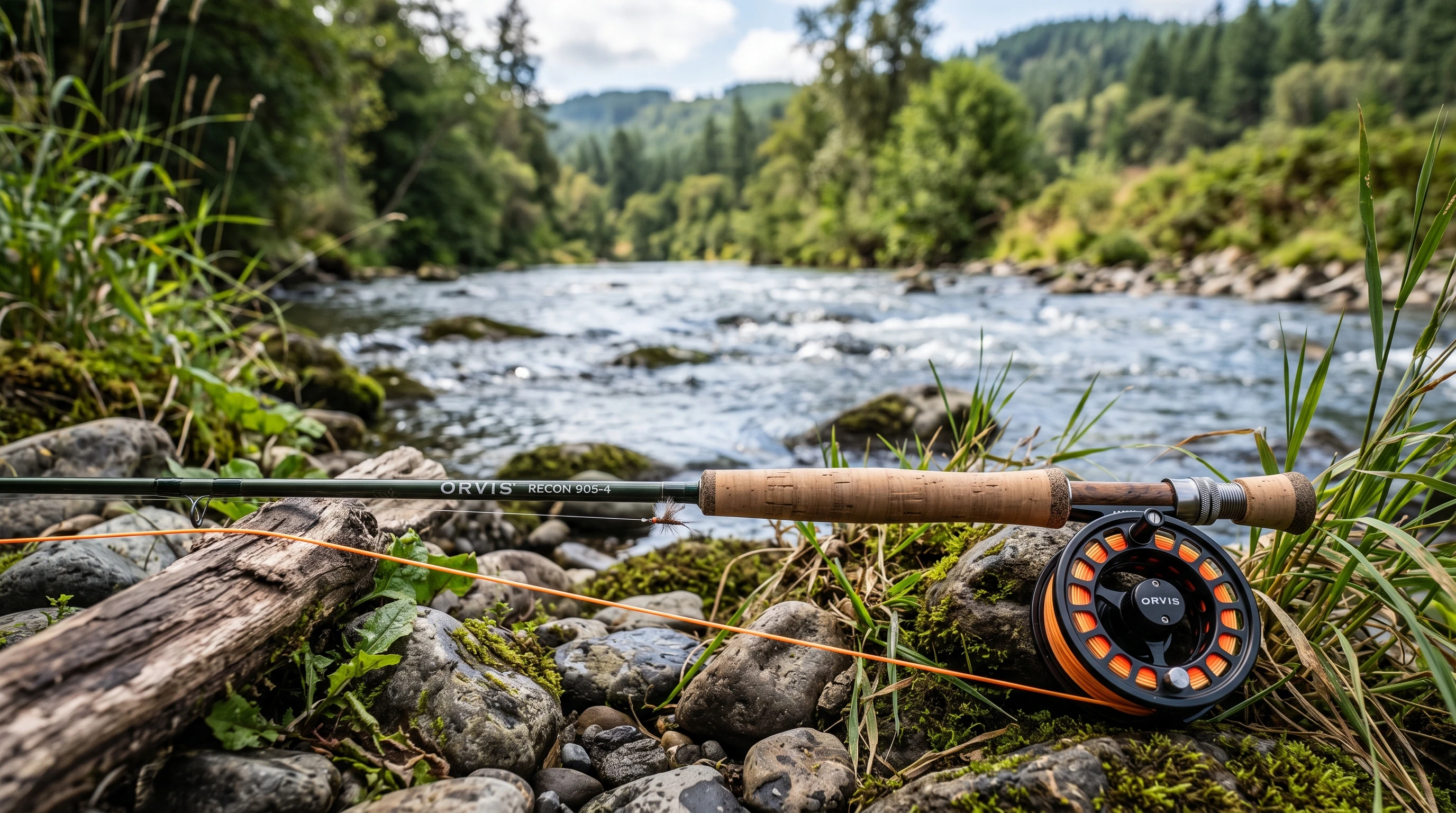 Starter fly fishing combo setup on the bank of a stream, surrounded by natural scenery